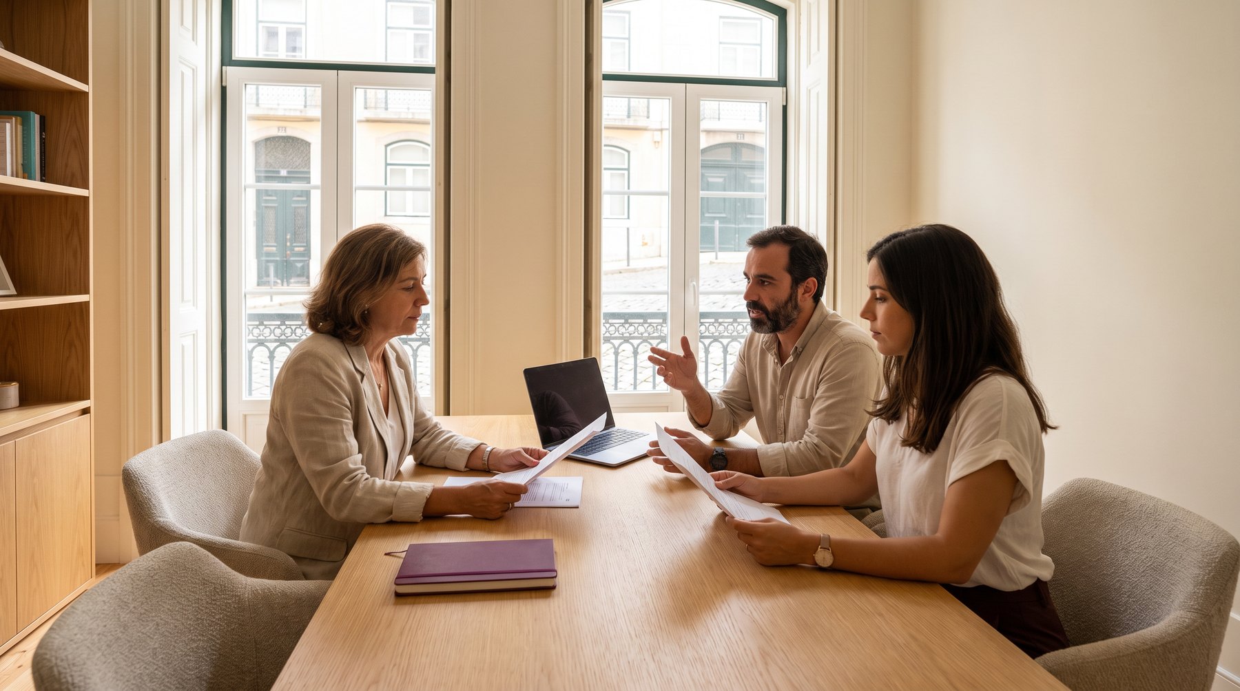 Três psicólogos à mesa de um consultório, a rever um relatório